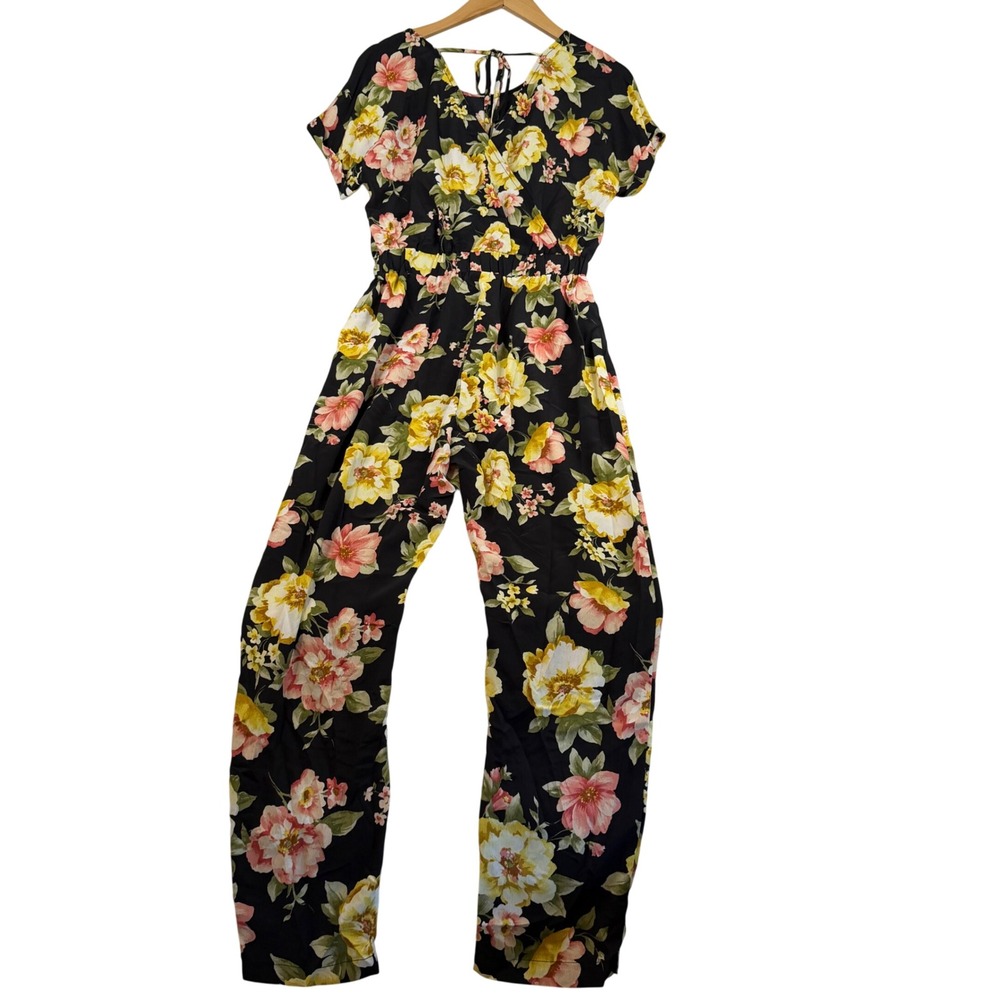 Promesa Floral Short SleeveWide Leg Jumpsuit Black Yellow Pink Surplice Tie Back